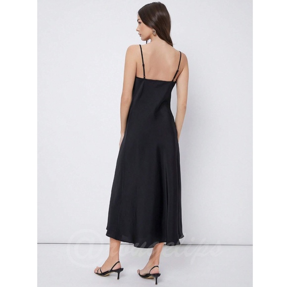 Black Satin Cami Dress Midi Adjustable Spaghetti Straps - Picture 3 of 8